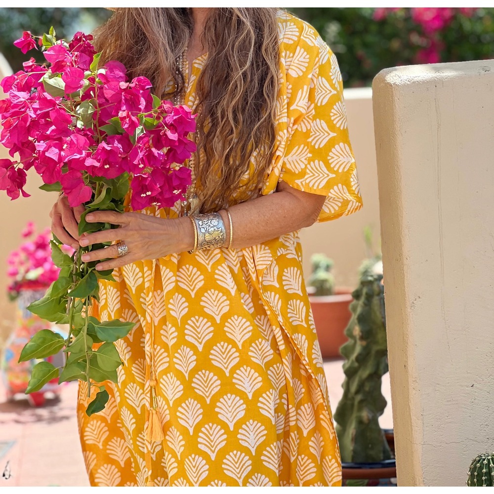 Pax Philomena Limoncello Maxi Kaftan Dress Yellow Cotton Block Print One Size - Picture 5 of 7